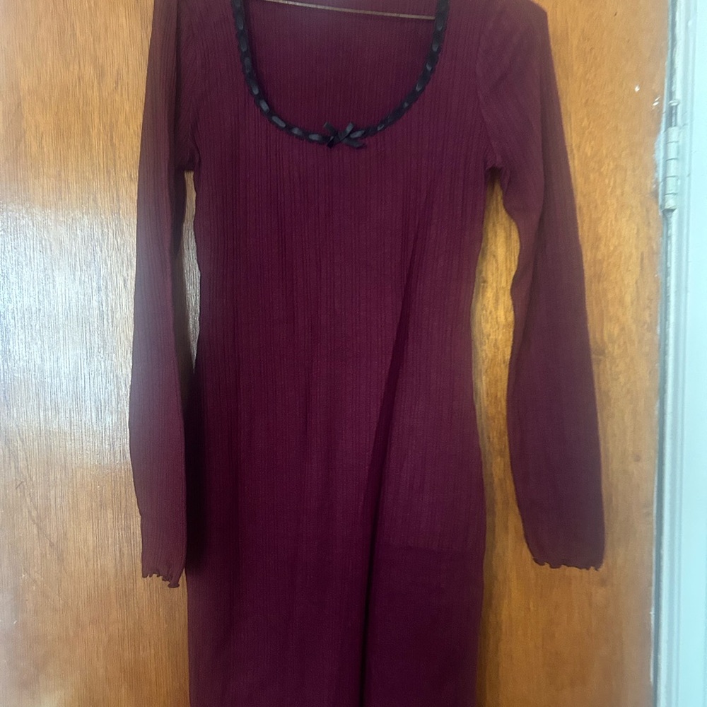 Lush Deep Burgundy Long Sleeve Scoop Neck Knit Dress
